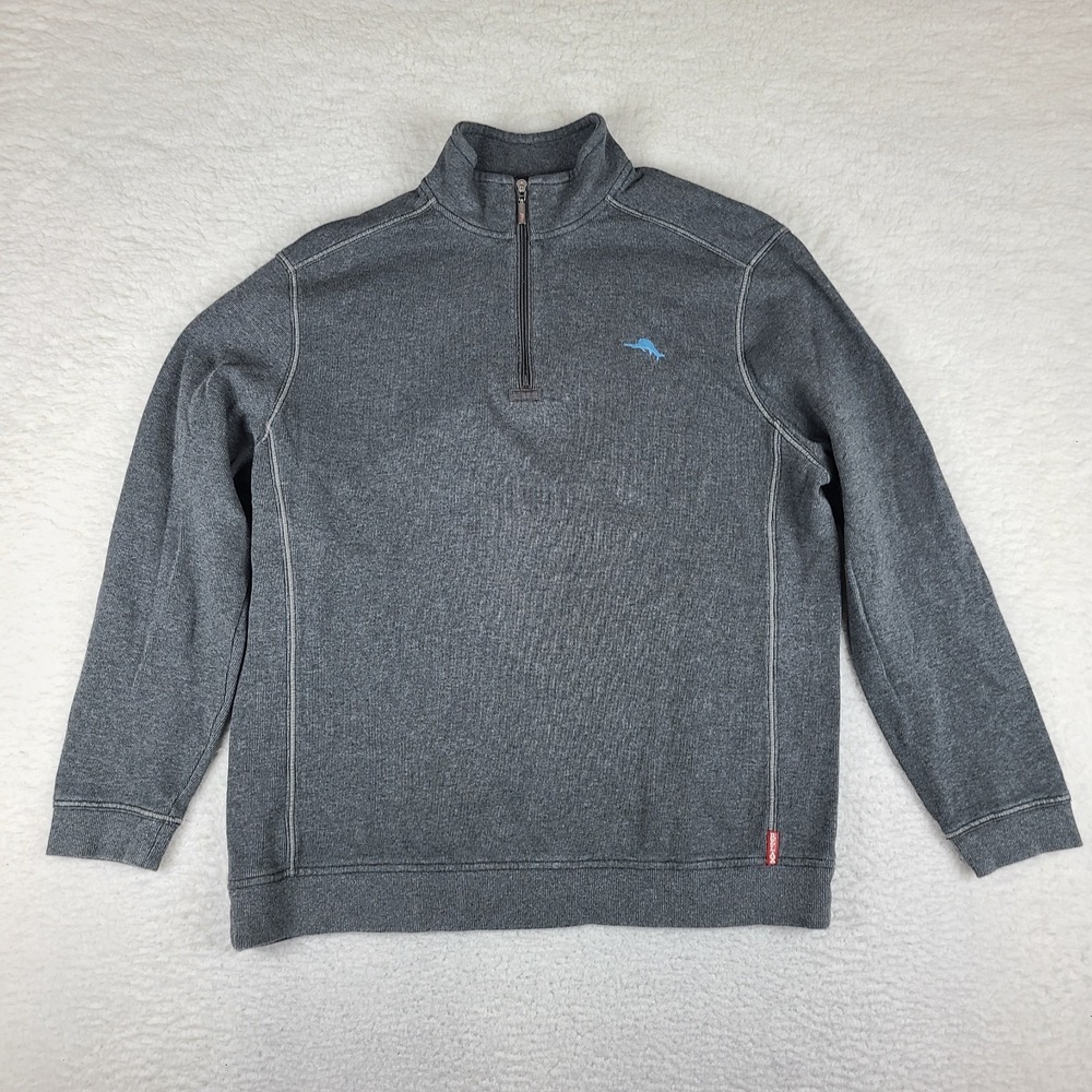Tommy Bahama Sweater Mens XL Dark Gray Relax Fit‎ Quarter Zip 100% Cotton